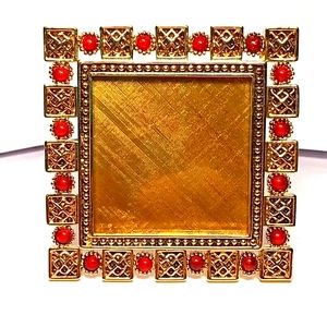 St John Gold Basket Weave Squares w Red Pearl Accents Table Top Picture Frame.